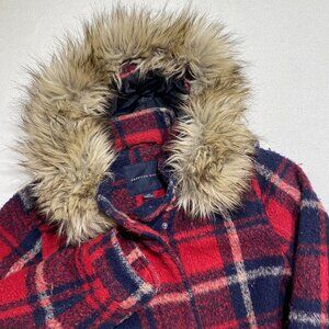 American Eagle Wool blend Parka Coat womens L Red plaid Faux fur hooded winter
